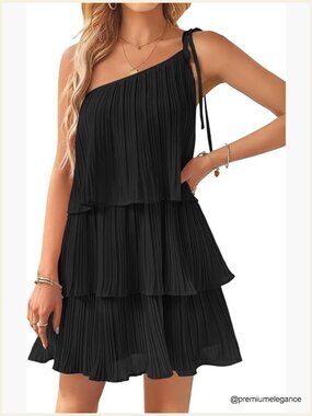 One Shoulder Ruffle Tiered Chiffon Mini Dress, Sleeveless A-Line Flowy Summer